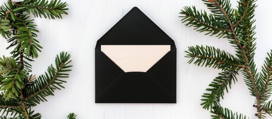 Fototapete - Invitation card in gold with a black envelope on a white background adorned with green branches in a copy space image