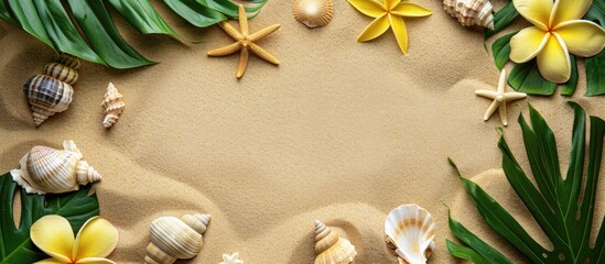 Aufkleber - A horizontal background frame in sand featuring tropical leaves seashells a starfish and a yellow frangipani flower suitable as a copy space image