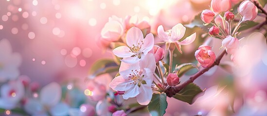 Aufkleber - Springtime apple tree branch with flowers captured in a photo with a shallow depth of field creating a pleasing copy space image