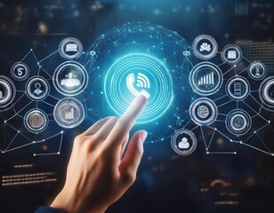 Marketing concept. hand touch phone icon on virtual screen and financial icons