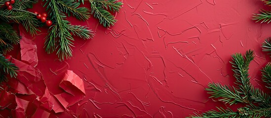 Poster - Holiday themed background featuring red paper and tree branches allowing room for text on a copy space image
