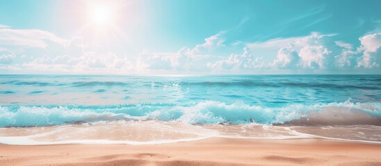 Poster - Scenic season wallpaper advertising resorts featuring an empty beach with vivid blue water providing a blurred copy space image against a sunny sky and sea backdrop