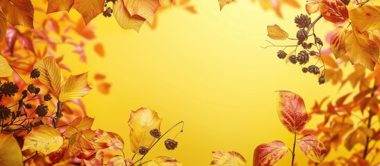 Leinwandbilder - A fall foliage frame set against a yellow backdrop with ample space for additional images or text