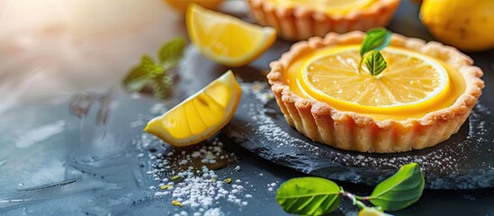 Poster - Traditional French lemon tart dessert with lemon curd on a table with citrus fruits creating a delicious and appetizing homemade sweet treat perfect for a copy space image
