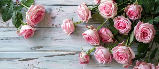 Fototapete - Pink roses arranged on a pale grey wooden backdrop with copy space image