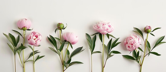 Poster - White background displays five pink peonies with short stems and lush green leaves in a serene image offering room for text. Creative banner. Copyspace image