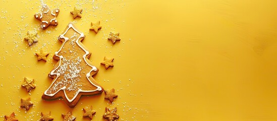 Fototapete - Top view of a gingerbread Christmas tree displayed on a yellow background with ample copy space image for creative additions