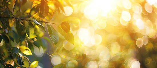 Poster - Copy space image featuring a sunny abstract summer background with bokeh and sun transitioning into an autumnal natural backdrop with blurred sun rays