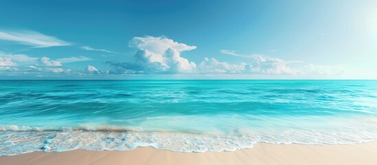 Poster - Scenic season wallpaper advertising resorts featuring an empty beach with vivid blue water providing a blurred copy space image against a sunny sky and sea backdrop