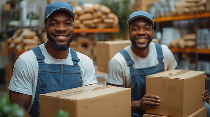 Moving crew, two African-American men wearing blue overalls and white t-shirts carrying cardboard boxes, moving boxes