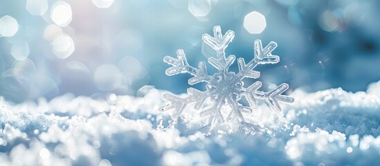 Fototapete - A white snowflake displayed against a soft focus gleaming white and blue backdrop offering copy space for design templates