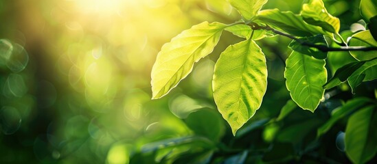 Sticker - Green leaf in garden with sunlight creating a scenic nature view perfect for a fresh wallpaper concept with copy space image amidst natural green plants