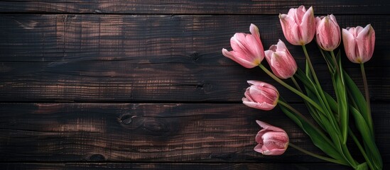 Poster - Pink tulips displayed on a dark wooden backdrop with copy space image