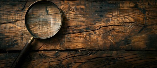 Poster - Magnifying glass placed on a wooden table ideal for a copy space image