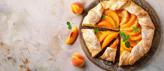 Aufkleber - Light background with a serving board featuring pieces of delicious peach galette creating potential copy space image