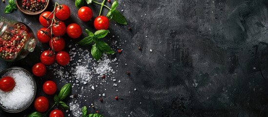 Poster - Materials to prepare cherry tomatoes salt herbs and spices displayed on a dark concrete backdrop with available copy space image
