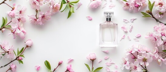 Poster - Feminine floral fragrance showcased next to dainty pink blooms on a white backdrop in a top down view with space for text or images. Creative banner. Copyspace image