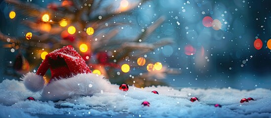 Poster - A festive Christmas and New Year background featuring a Santa hat blurred Christmas tree and holiday decorations set against a snowy dark toned backdrop with fog perfect for a copy space image