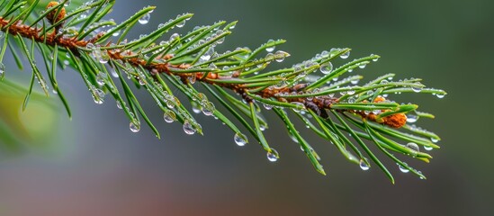 Aufkleber - A pine branch adorned with dew droplets offering a blank area for additional content in the image