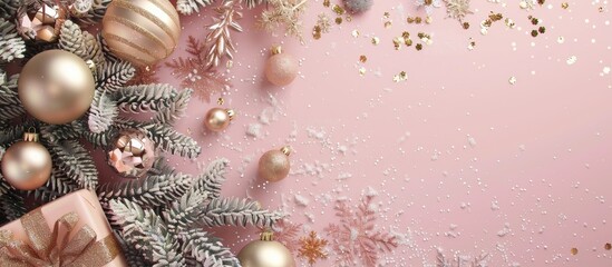 Poster - Pink background with rose gold Christmas theme featuring golden tree twigs ornaments gifts snow and copy space image