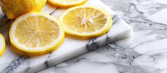 Aufkleber - Marbled cutting board with lemon slices Ample copy space image for text highlighting Vitamin C benefits in the fruit