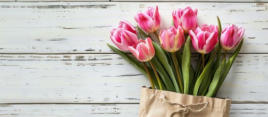 Aufkleber - Pink tulips in a paper bag on a white wooden background ideal for Easter or spring themed greeting cards with copy space image