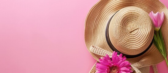 Fototapete - Top view of a summer straw hat a flower and a straw bag on a pink background with copy space image available