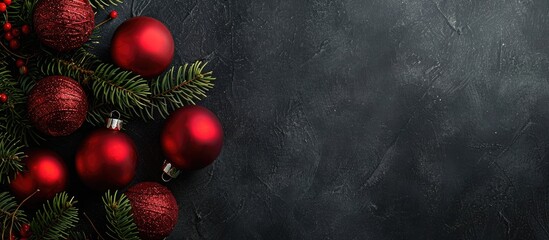 Aufkleber - Red Christmas balls green fir twig on dark gray backdrop suitable for cards with blank space for images. Creative banner. Copyspace image