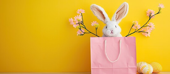 Aufkleber - Online Easter shopping concept with gift bag featuring bunny ears on a yellow background along with a banner ideal for copy space image