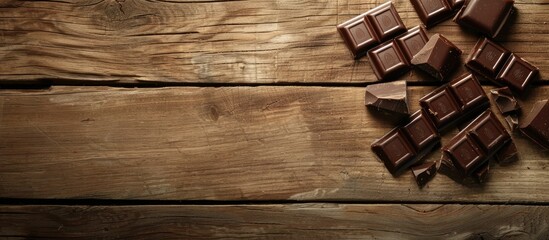 Poster - Mouthwatering milk chocolate on rustic wooden surface arranged from above for text placement Ample copy space image