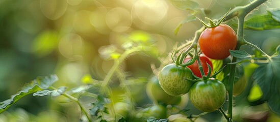 Aufkleber - Natural red and green tomatoes on a branch in a homemade greenhouse with a blurry background ideal for your advertising text with copy space image