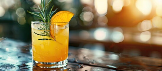 Wall Mural - Glass of citrus drink with rosemary garnish on a restaurant table with copy space image Bar party recipe refreshment and winter beverage concept