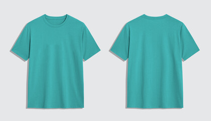 Blank turquoise tshirt front and back mockup isolated on white background with clipping path.