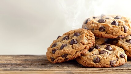 Wall Mural - Warm and Freshly Baked Chocolate Chip Cookies on Rustic Wooden Surface