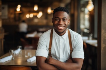 Wall Mural - Portrait of a smiling young waiter at bar