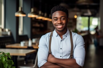 Wall Mural - Portrait of a smiling young waiter at bar