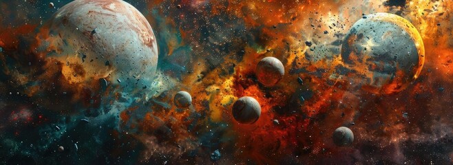 A vibrant cosmic scene showcasing planets and colorful nebulae in deep space, evoking wonder and exploration.