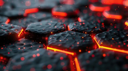 Close-up of glowing hexagonal surface with vibrant red highlights and dark textures, creating a mesmerizing abstract appearance.