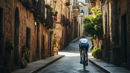 athlete cycling through the narrow streets of a historic city in Spain, competitions, Multi-day Cycling race, Bicycle, International Professional sport