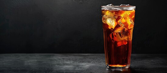 Poster - Cold tea in a glass on a black background with copy space image