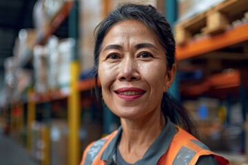 Wall Mural - Portrait of a smiling middle aged female warehouse worker