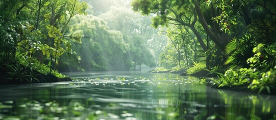 Wall Mural - A picturesque nature scene featuring lush greenery with trees leaves and a river in the background ideal for outdoor enthusiasts perfect for a copy space image