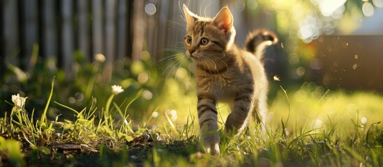 Wall Mural - A young feline is frolicking in the backyard with a lot of empty space in the picture. Copy space image. Place for adding text and design