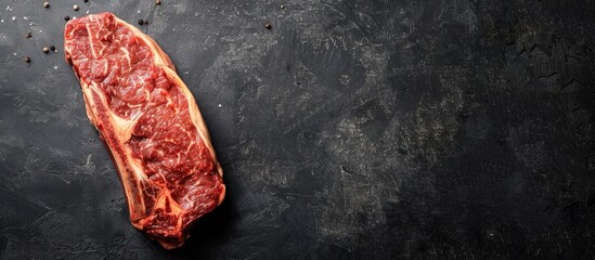 Sticker - Top view of a dry aged wagyu ribeye steak on a dark background with ample copy space image