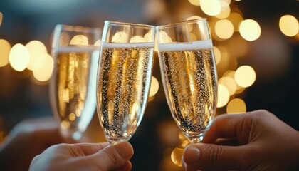 Two hands clinking champagne flutes in celebration with a festive background.