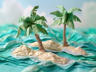 Wall Mural - Origami Paper Illustration of Caribbean Paradise Island

