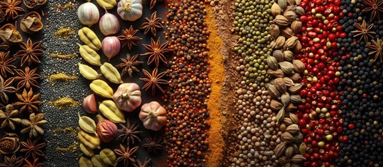 Sticker - An array of assorted spices on a background with ample copy space image