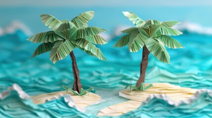 Wall Mural - Origami Paper Illustration of Caribbean Paradise Island

