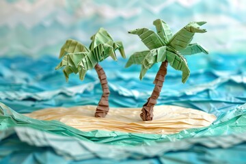 Wall Mural - Origami Paper Illustration of Caribbean Paradise Island

