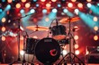 © Maksym - Drum set on stage illuminated by red and blue spotlights, ready for a live music performance.